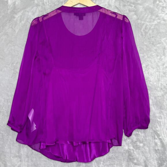 DKNY Blouse Womens Size 12 Purple 100% Silk Sheer Pleated Button Front Top - Picture 2 of 15
